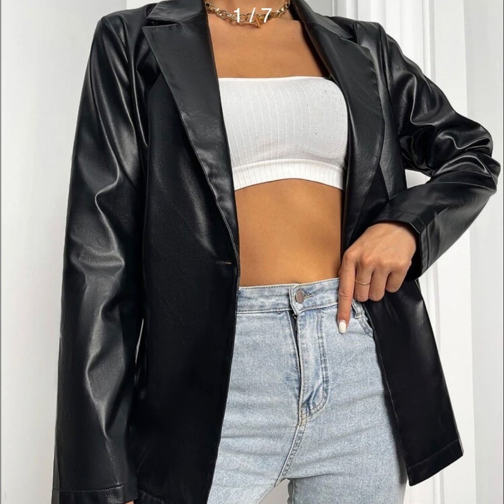 SHEIN EZwear Lapel Collar Single Button PU Leather Blazer